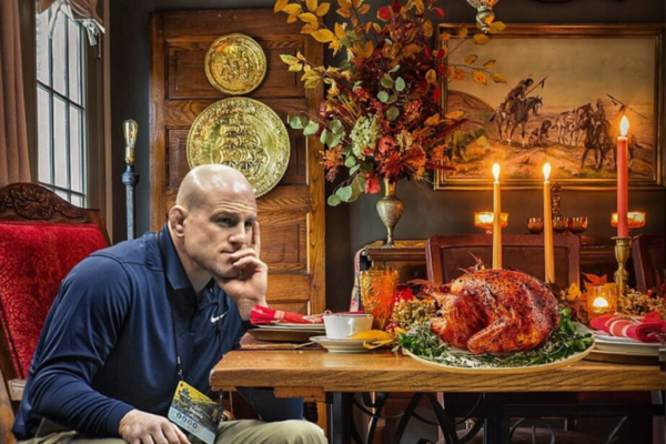 This Comical Edit Features Penn State Wresting Coach Cael Sanderson Staring Intently at a Thanksgiving Turkey